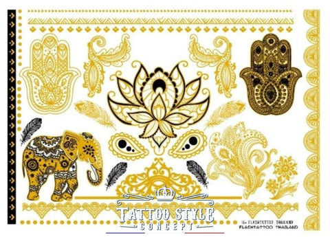 Planche De Tatouage Éphémère Symbole Florale Éléphant Mains Et Bracelets Style Inde En Couleur