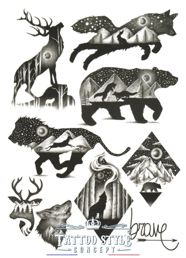 Tatouage Animaux fantastiques astrales noir et blanc