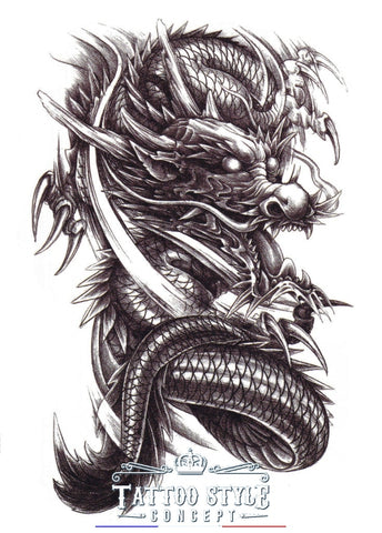 Tatouage temporaire Dragon furieux en noir et blanc