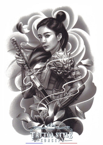 Tatouage Femme Guerrière - Armure Du Dragon Et Sabre Japonais