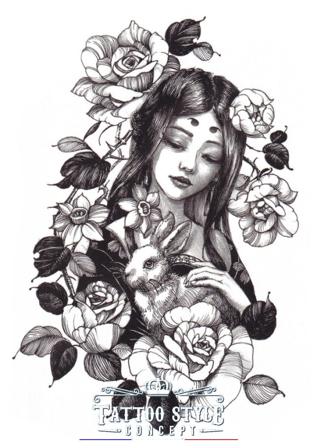 Tatouage Femme Lapin et Roses en noir et blanc