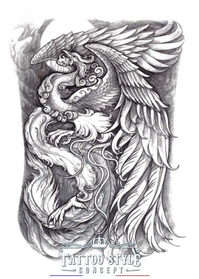 Tatouage Grand Phoenix majestueux en noir et blanc