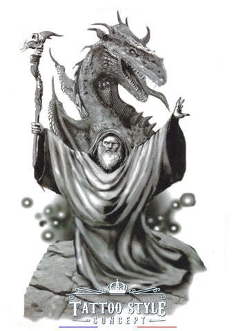 Tatouage temporaire Homme sage magicien et Dragon en noir et blanc