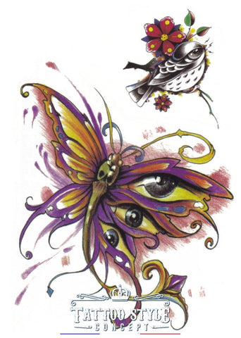 Tatouage temporaire Illusion - Papillons jaune et mauve avec ailes aux yeux