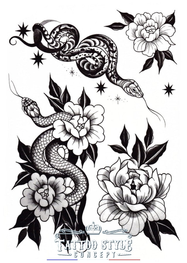 Tatouage Serpent et fleurs en noir et blanc