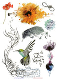 Planche De Tatouage Éphémère Fleur Oiseau Plume En Style Aquarelle Plaquettes