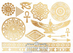 Planche De Tatouage Métallisé Éphémère Symbole Divers Égyptien Doré Plaquettes