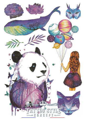 Planche De Tatouage Motifs Originaux Panda Baleine Ballon Fleurs Plaquettes