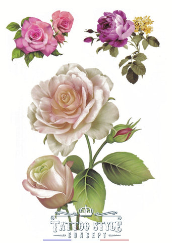 Tatouage éphémère de roses - Planche de Multiples Fleurs rose et violette