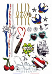 Tatouage temporaire Planche de style divers - Bracelets marins, enclume, cerise, cœur, bateau, lunette cœur, rouge à lèvres, oiseaux