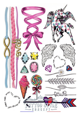 Tatouage temporaire Planche de style divers - bracelets, ruban rose, Licorne, ailes, pierres précieuses, glace, flèche, diamant