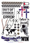 Tatouage temporaire Planche de style divers - Croix, bracelets, zip, astronaute, carte monde, écriture