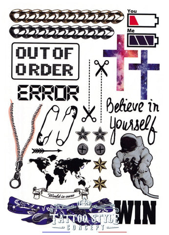 Tatouage temporaire Planche de style divers - Croix, bracelets, zip, astronaute, carte monde, écriture