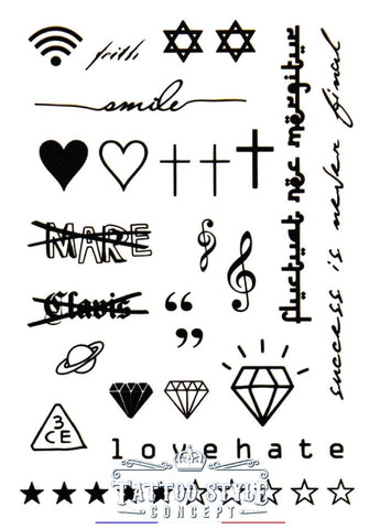 Tatouage temporaire Planche de tatouage style divers - Croix, étoile de David, diamant, cœur, planète, clé de sol