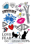 Tatouage temporaire Planche de style divers - Diamants, chats, cœur, flèche, épingles, zip, lèvre, lettres Grec ancien, écriture