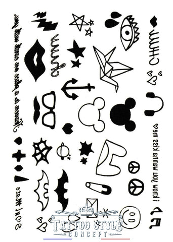 Tatouage temporaire Planche de style divers - œil, signe peace, smiley, cœur, enclume, étoile de David, origami grue