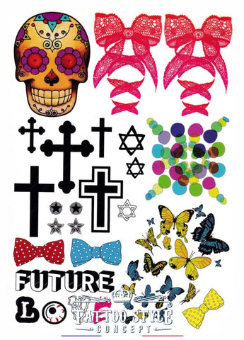 Tatouage temporaire Planche de style divers - Rubans roses, croix, papillons, étoile, bulles, crâne Mexicain