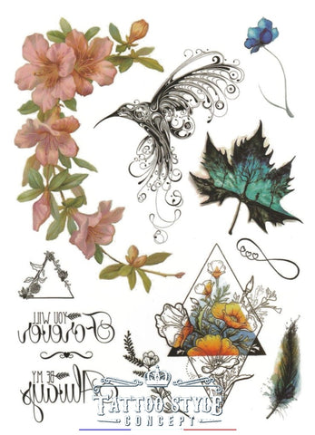 Planche De Tatouage Style Varié Fleurs Rose Oiseaux Écritures Et Feuille Plaquettes
