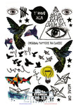 Planche De Tatouage Temporaire Animaux Écriture Oiseaux Plumes Et Symboles Divers En Couleur