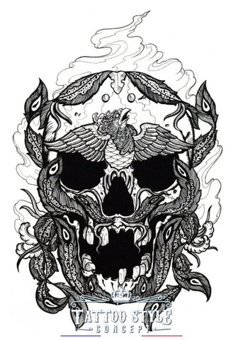 Tatouage Abstrait - Crâne Phénix Et Plumes De Paon