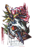 Tatouage temporaire Abstrait - Dague transperçant un Crâne, rose et sang
