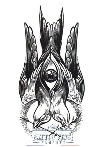 Tatouage temporaire Abstrait Oiseau - Oeil sur Colombe à deux têtes