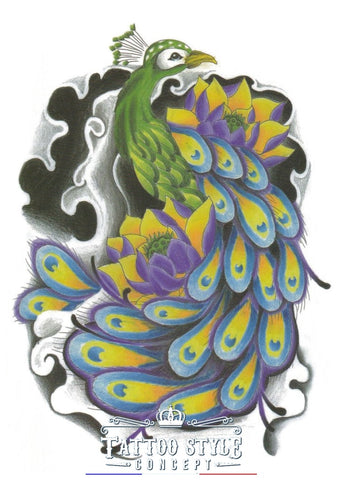 Tatouage Art Aux Crayons - Paon Et Fleurs Oiseaux