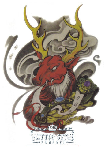 Tatouage Art Japonais - Cerf Rouge Maléfique Animaux