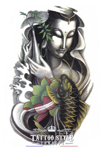Tatouage Asiatique - Bouddha Et Poisson Koï Création De Vie Asian