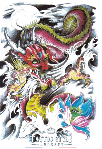 Tatouage temporaire Asiatique - Dragon ancien et flots incessants