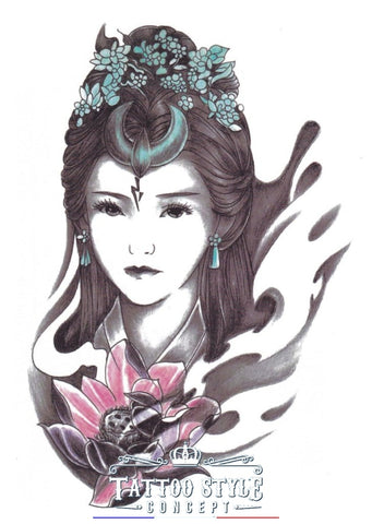 Tatouage Asiatique - Femme Avec Fleur De Lys Et Signe Lune Asian