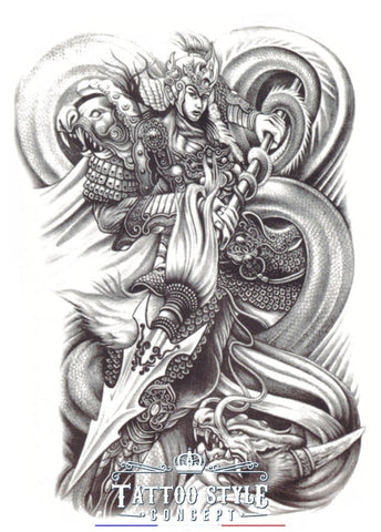 Tatouage temporaire Asiatique - Homme Guerrier et lance dragon