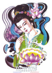 Tatouage temporaire Asiatique rétro - Femme geisha et Nénuphar
