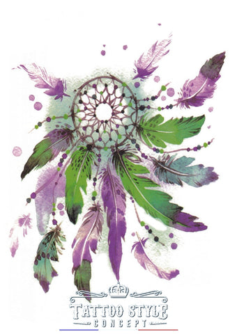 Tatouage temporaire attrape-rêves - Peinture à l'eau en vert et violet