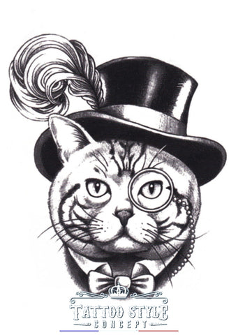 Tatouage temporaire Atypique - Chat Noble en costume et chapeau en noir et blanc