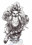 Tatouage temporaire Atypique - Hibou perché sur trône de fleurs à tête de mort