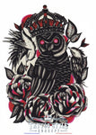 Tatouage temporaire Atypique - Roi Hibou sombre avec roses noires et rouges