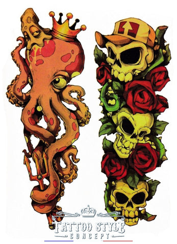 Tatouage Cartoon Pieuvre Et Crânes - Roi Céphalopodes Tête De Mort Avec Ronces Roses Atypique
