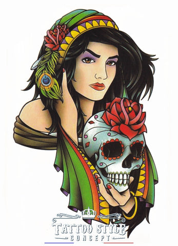 Tatouage Classique - Femme Gitane Et Crâne Mexicain