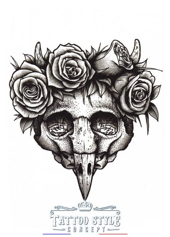 Tatouage Corbeau Sombre Et Roses Skull