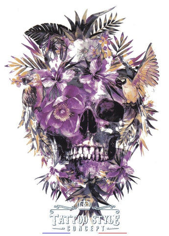 Tatouage Crâne Floral Violet - Fleurs Et Oiseaux Skull