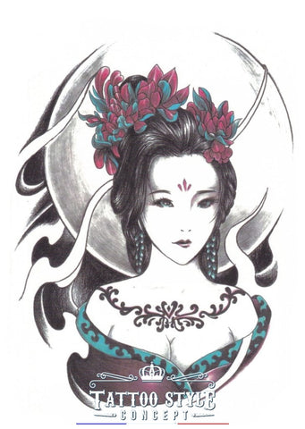 Tatouage Dessin De Femme - Geisha Et Lune Pleine