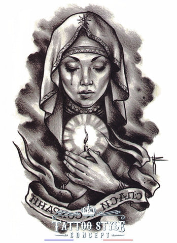 Tatouage Dessin En Noir Et Blanc - Religieuse Prière À La Bougie Femme