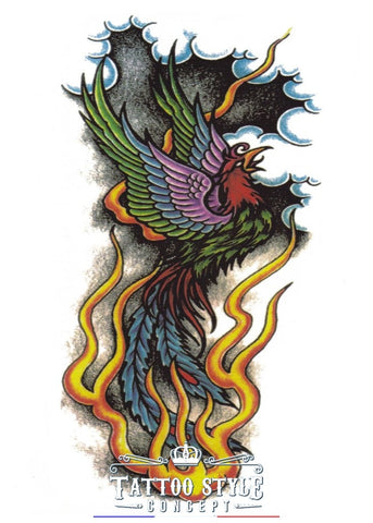 Tatouage Dessin Old School - Phoenix Volant Dans Les Flammes Oiseaux