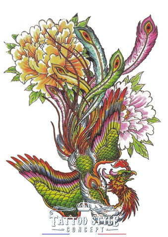 Tatouage temporaire Dessin Paon en couleurs et fleurs Pivoine jaune et rose