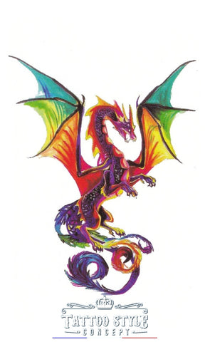 Tatouage Dragon Volant Minimaliste Multicolore Motifs Stylés