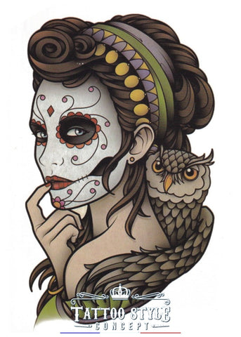Tatouage Femme Avec Masque Mexicain Et Hibou