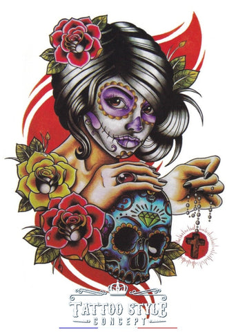 Tatouage Femme Avec Masque Mexicain Roses Et Croix De Prières Atypique