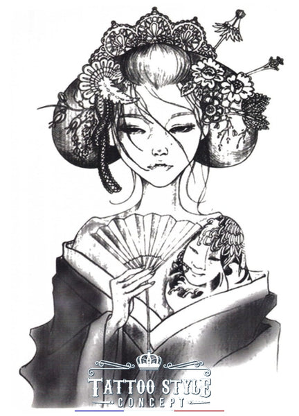 Tatouage Femme Geisha en noir et blanc