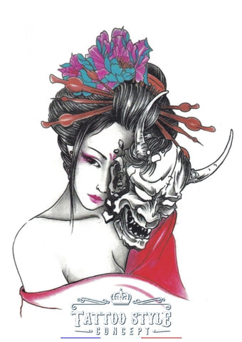 Tatouage Femme Geisha - Masque Démon Oni À Cornes Asian